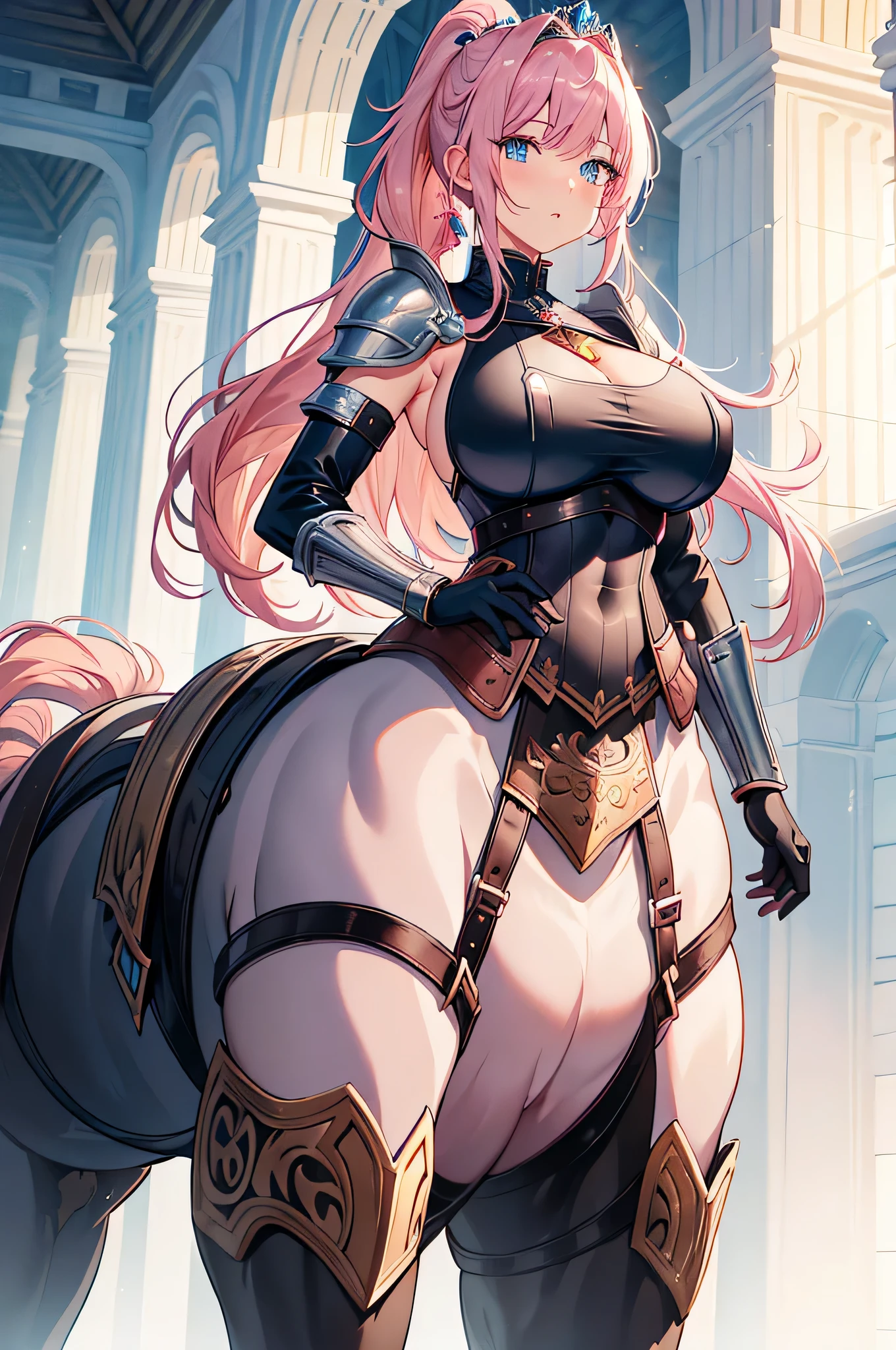 4K,High resolution,One Woman,Centaur,Pink Hair,Long Ponytail,Blue Eyes,Brown fur,Huge boobs,Princess Knight,White sacred armor,Sideboob,Full Armor,White long armor gloves,Princess Tiara,Long Sword,Jewelry decoration,Medieval castle town