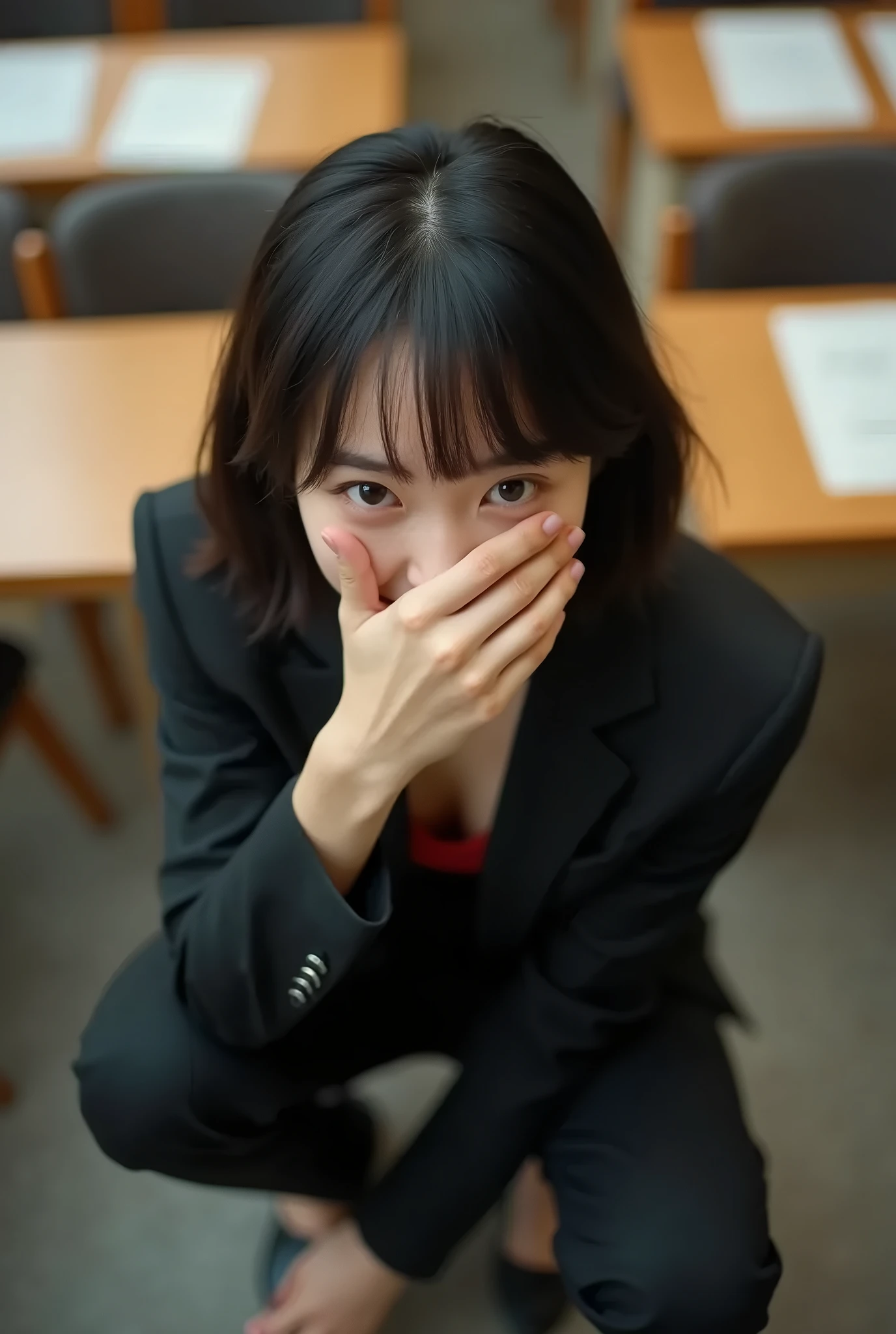 Arafed woman in a suit sitting on a chair with her hands on her face ...