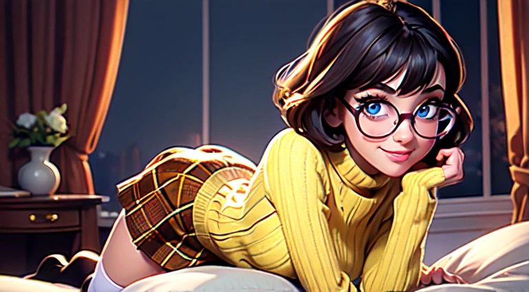 HD, 8k quality, masterpiece, Velma, dream girl, large breasts, beautiful face, blushing, kissing lips, short bob hairstyle, long bangs, perfect makeup, realistic face, detailed eyes, blue eyes, brunette hair, long eyelashes, smiling, spooky bedroom, lying down on bed, thicc body, leaning forward, eyes at viewer, mustard-yellow top, knitted turtle neck sweater, clear lens glasses, cherry-red skirt, schoolgirl skirt, booty,