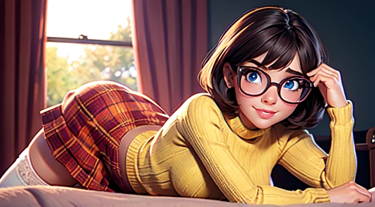 HD, 8k quality, masterpiece, Velma, dream girl, large breasts, beautiful face, blushing, kissing lips, short bob hairstyle, long bangs, perfect makeup, realistic face, detailed eyes, blue eyes, brunette hair, long eyelashes, smiling, spooky bedroom, lying down on bed, thicc body, leaning forward, eyes at viewer, mustard-yellow top, knitted turtle neck sweater, clear lens glasses, cherry-red skirt, schoolgirl skirt, booty, knee high white socks,