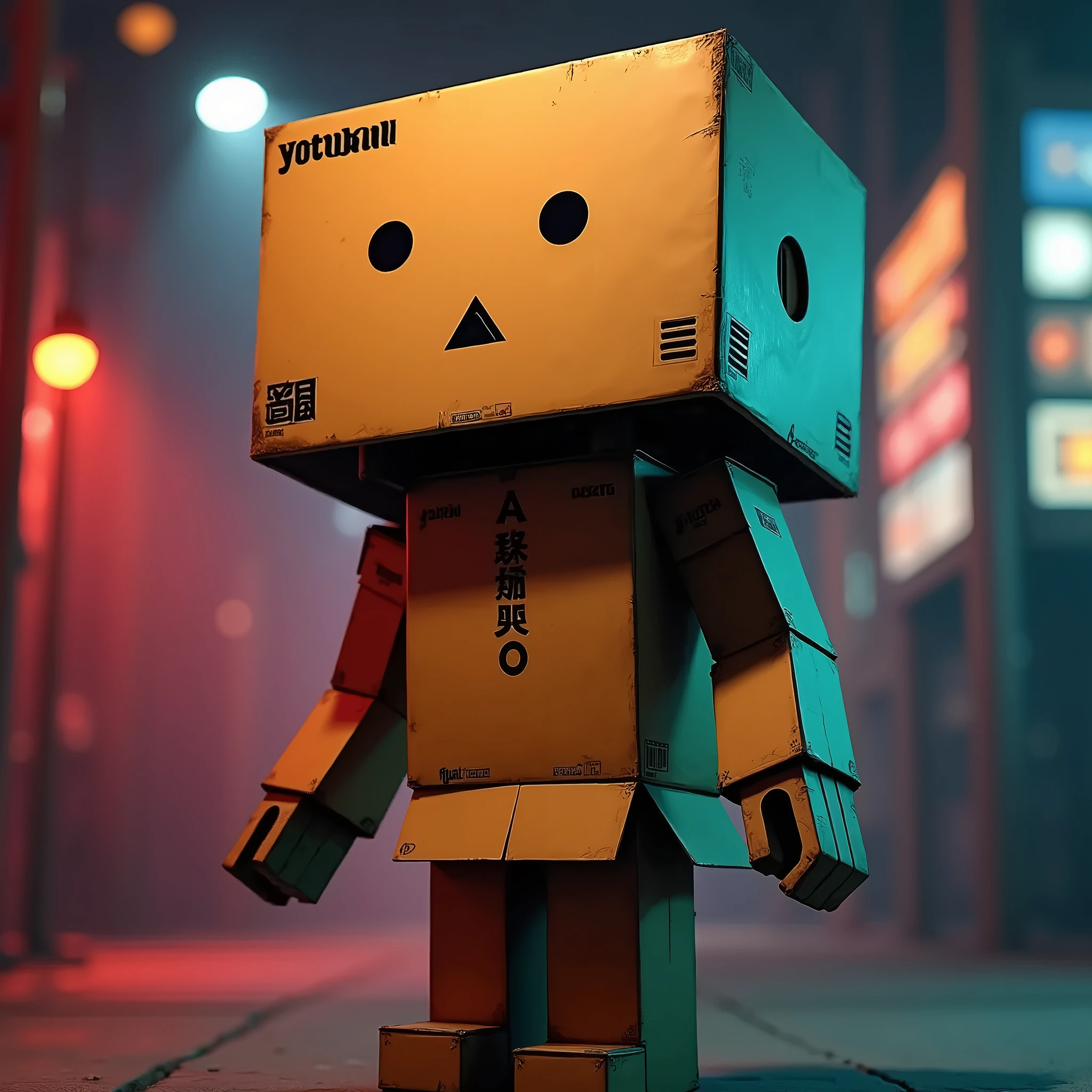 A cardboard robot cosplaying as "Danbo" from the manga Yotsubato, detailed robot face with black round eyes and black triangular mouth, person wearing cardboard boxes covering most of their body, photorealistic, highly detailed, dramatic lighting, vibrant colors