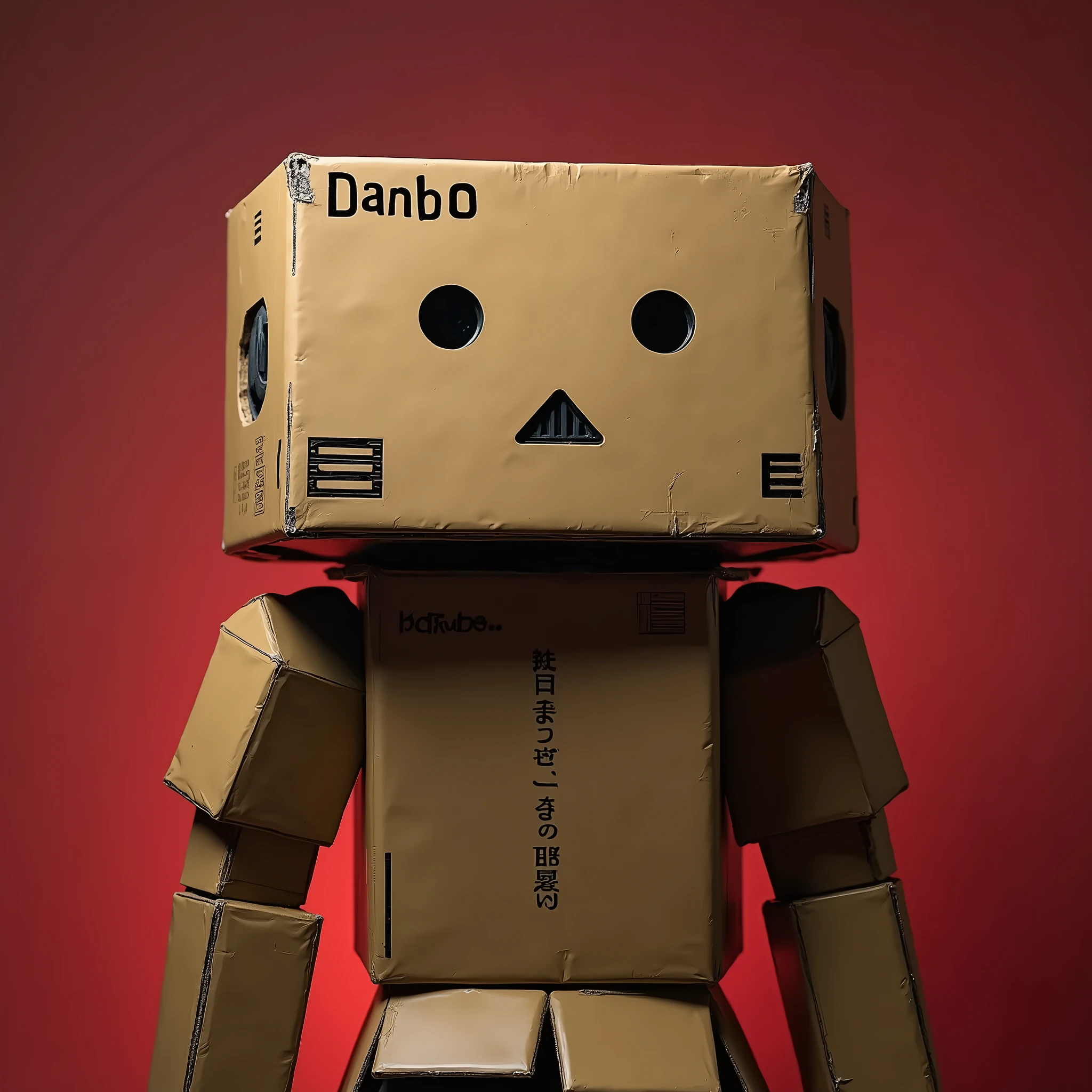 A cardboard robot cosplaying as "Danbo" from the manga Yotsubato, detailed robot face with black round eyes and black triangular mouth, person wearing cardboard boxes covering most of their body, photorealistic, highly detailed, dramatic lighting, vibrant colors