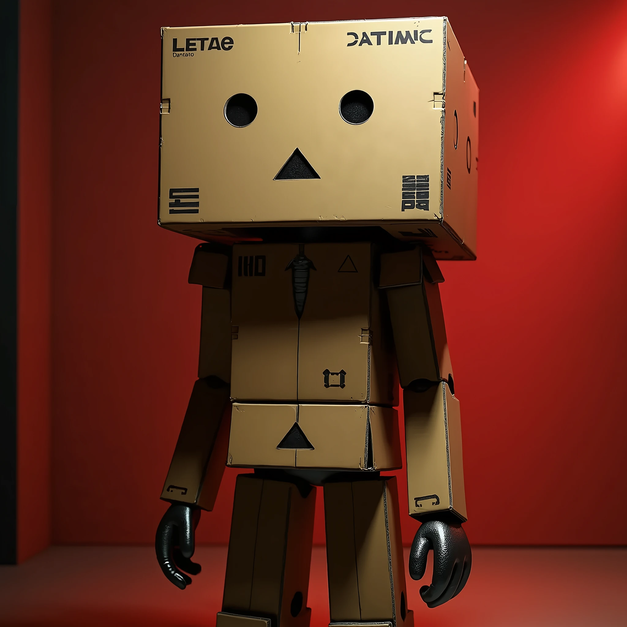 A cardboard robot cosplaying as "Danbo" from the manga Yotsubato, detailed robot face with black round eyes and black triangular mouth, person wearing cardboard boxes covering most of their body, photorealistic, highly detailed, dramatic lighting, vibrant colors