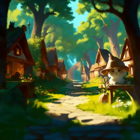 magical village pathway, with wizard cat sitting in front of a magical pub. sunny day