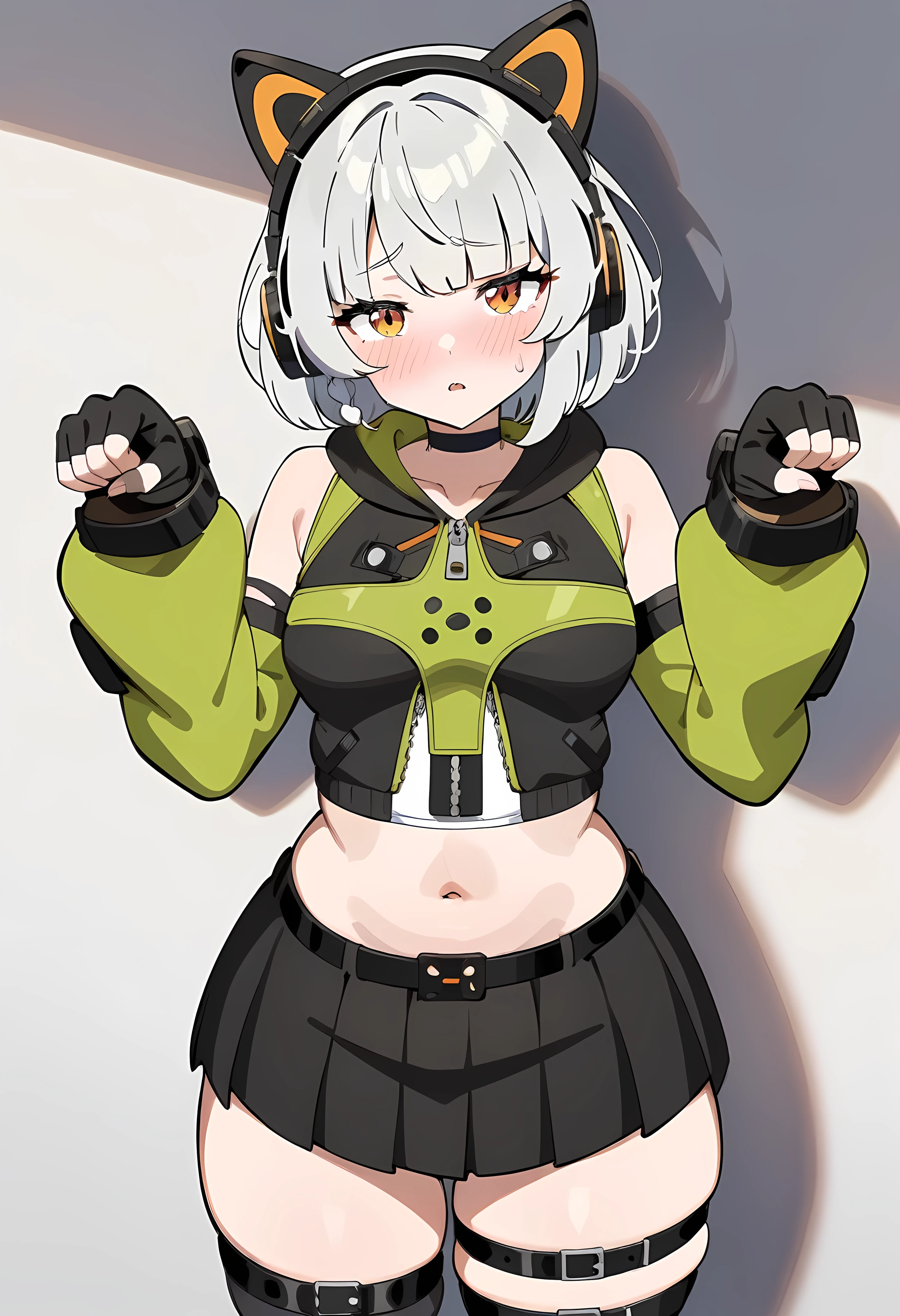 (anime art style), 2d, masterpiece, best quality, very aesthetic, absurdres, dynamic shadows, atmosferic, anby_demara, 1girl, solo, (grey hair), short hair, narrow eyes, orange eyes, small breasts, (curvy body), makeup, intense blush, (green midriff), black jacket, open jacket, zipper jacket, (white crop top), detached sleeves, green sleeves, black headphones, fingerless gloves, black glooves, black thighhighs, thigh strap, navel, black skirt, multicolored footwear, black choker, aroused, sweatdrop, cowboy shot, (pov), (paw pose) (looking at viewer:1.0), white wall