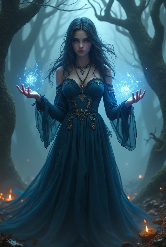 1 girl, beautiful, Seductive, sexy, Asia, Medium bust, Bronze hair, medium length hair, light blue eyes, light red lips, tattoo, Black off shoulder top, sexy, skirt, tights, high-heels, full body, Suitable background, Real picture, spell, The blue water that looks like fog around it is the most realistic.