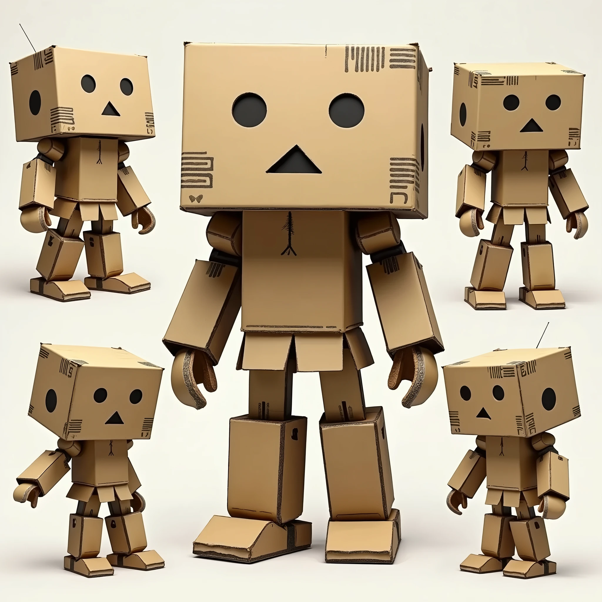 a cute robot cosplaying as the character "Danbō" from the manga Yotsubato, made from cardboard boxes, with a cardboard box head featuring black circles for eyes and a black triangle for a mouth, various cardboard box parts covering the body, showing a range of expressive poses and gestures