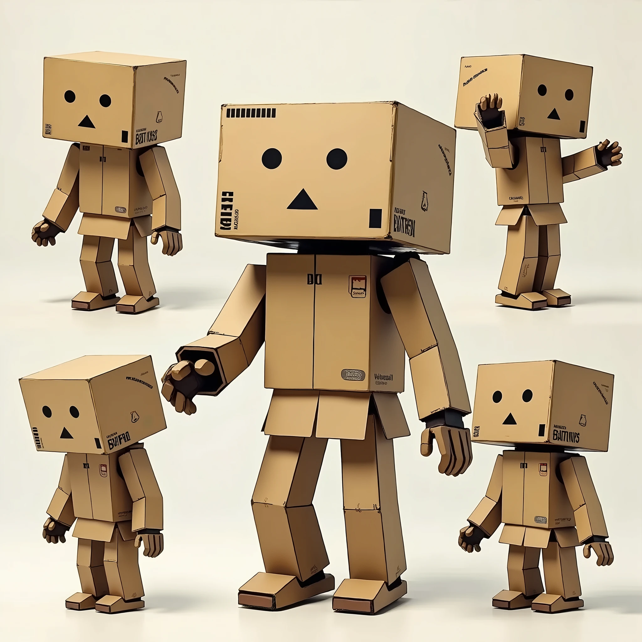 a cute robot cosplaying as the character "Danbō" from the manga Yotsubato, made from cardboard boxes, with a cardboard box head featuring black circles for eyes and a black triangle for a mouth, various cardboard box parts covering the body, showing a range of expressive poses and gestures