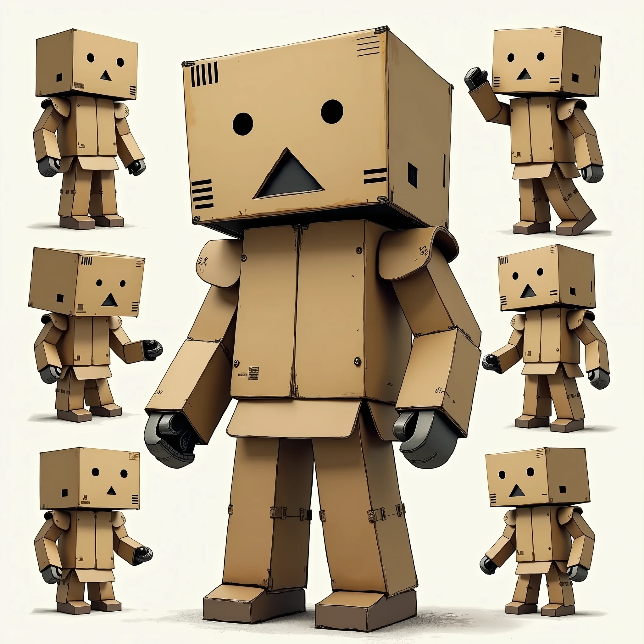 a cute robot cosplaying as the character "Danbō" from the manga Yotsubato, made from cardboard boxes, with a cardboard box head featuring black circles for eyes and a black triangle for a mouth, various cardboard box parts covering the body, showing a range of expressive poses and gestures