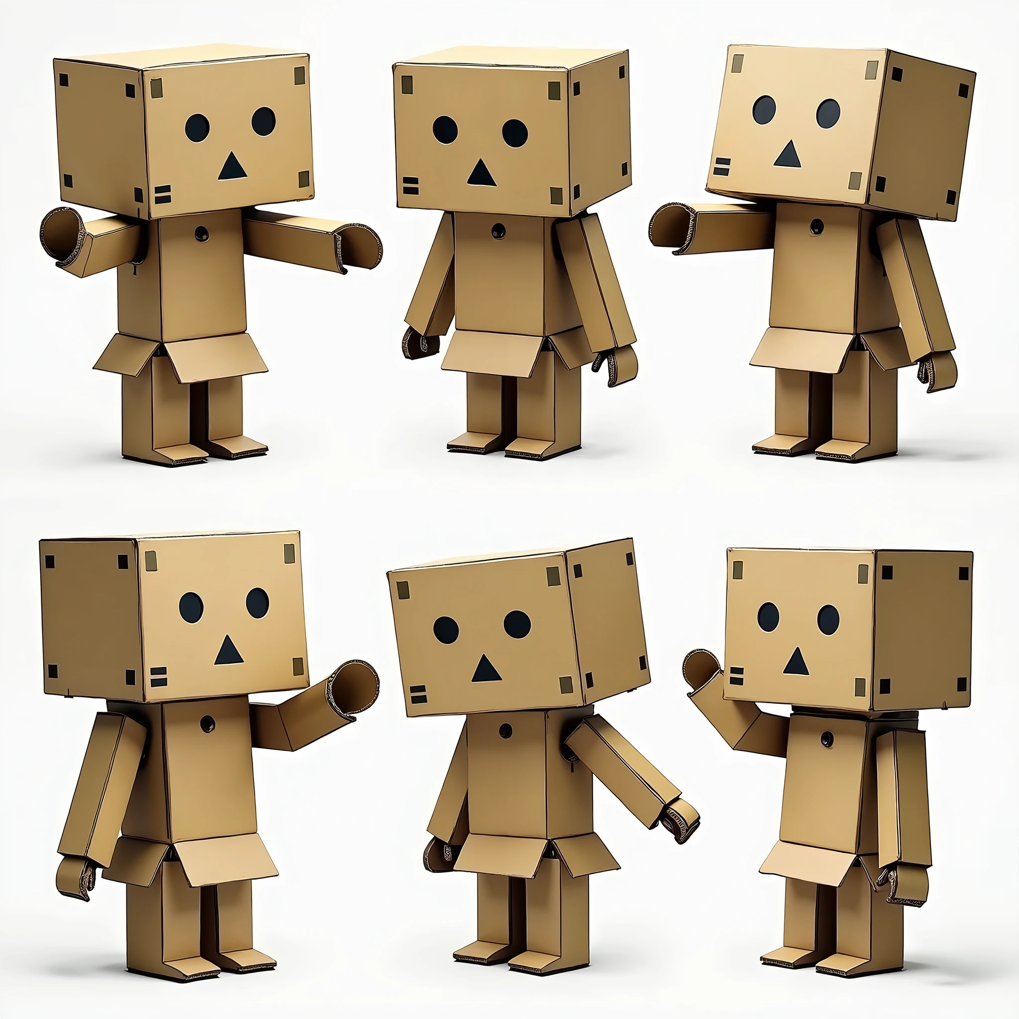 a cute robot cosplaying as the character "Danbō" from the manga Yotsubato, made from cardboard boxes, with a cardboard box head featuring black circles for eyes and a black triangle for a mouth, various cardboard box parts covering the body, showing a range of expressive poses and gestures