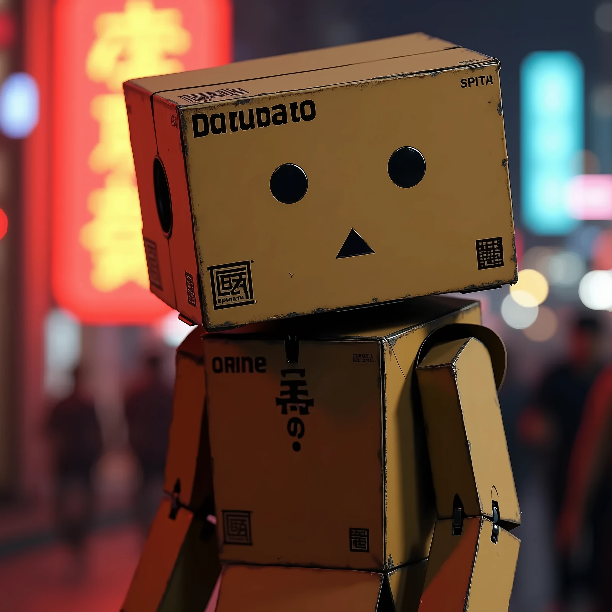 A cardboard robot cosplaying as "Danbo" from the manga Yotsubato, detailed robot face with black round eyes and black triangular mouth, person wearing cardboard boxes covering most of their body, photorealistic, highly detailed, dramatic lighting, vibrant colors