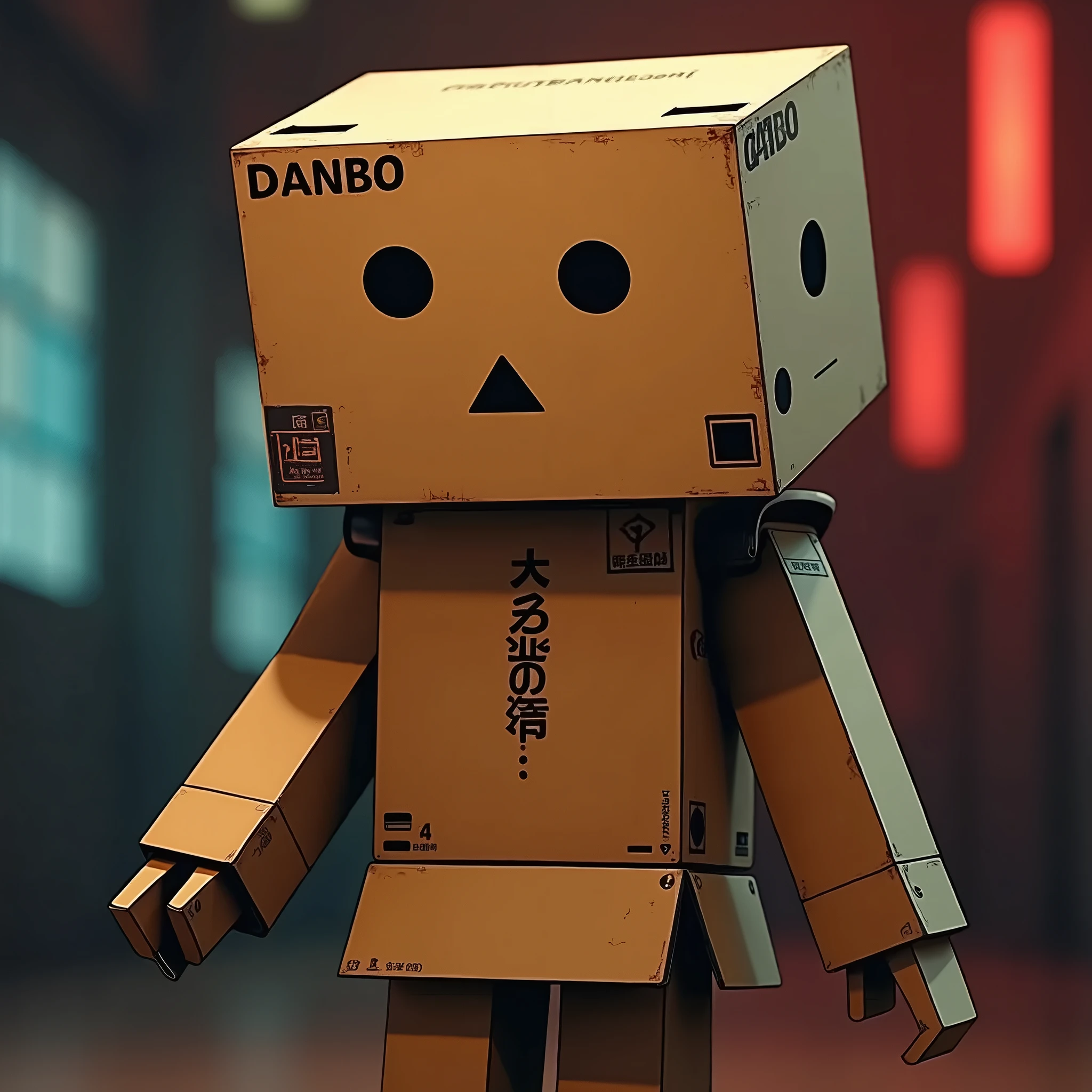 A cardboard robot cosplaying as "Danbo" from the manga Yotsubato, detailed robot face with black round eyes and black triangular mouth, person wearing cardboard boxes covering most of their body, photorealistic, highly detailed, dramatic lighting, vibrant colors