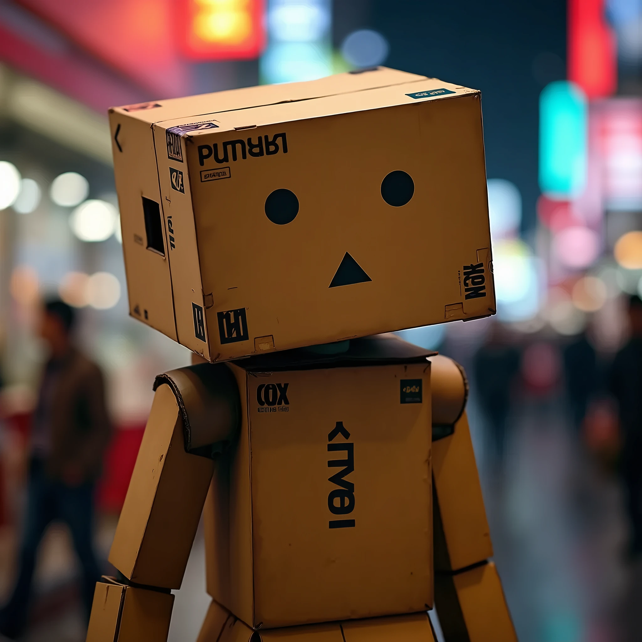 A cardboard robot cosplaying as "Danbo" from the manga Yotsubato, detailed robot face with black round eyes and black triangular mouth, person wearing cardboard boxes covering most of their body, photorealistic, highly detailed, dramatic lighting, vibrant colors