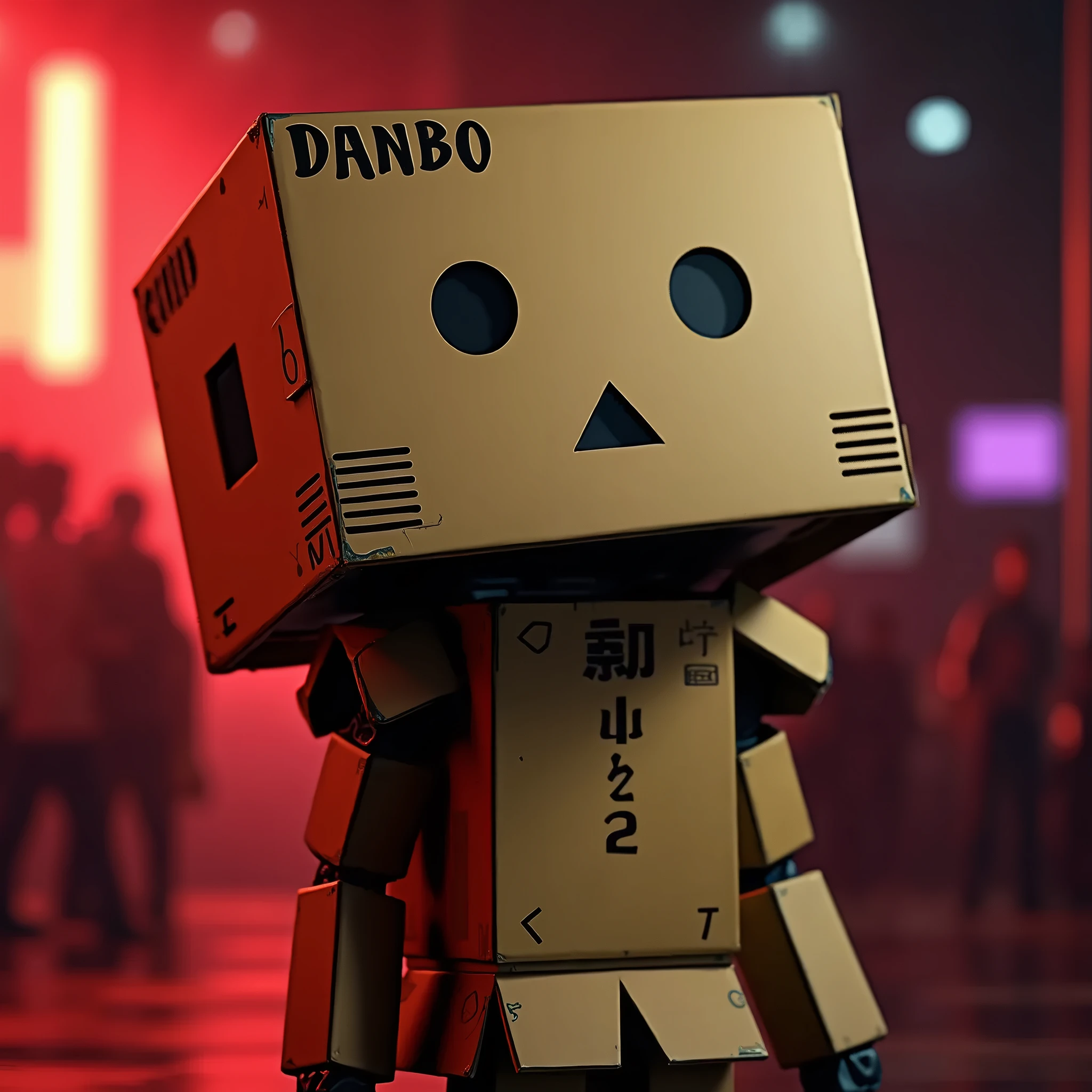 A cardboard robot cosplaying as "Danbo" from the manga Yotsubato, detailed robot face with black round eyes and black triangular mouth, person wearing cardboard boxes covering most of their body, photorealistic, highly detailed, dramatic lighting, vibrant colors