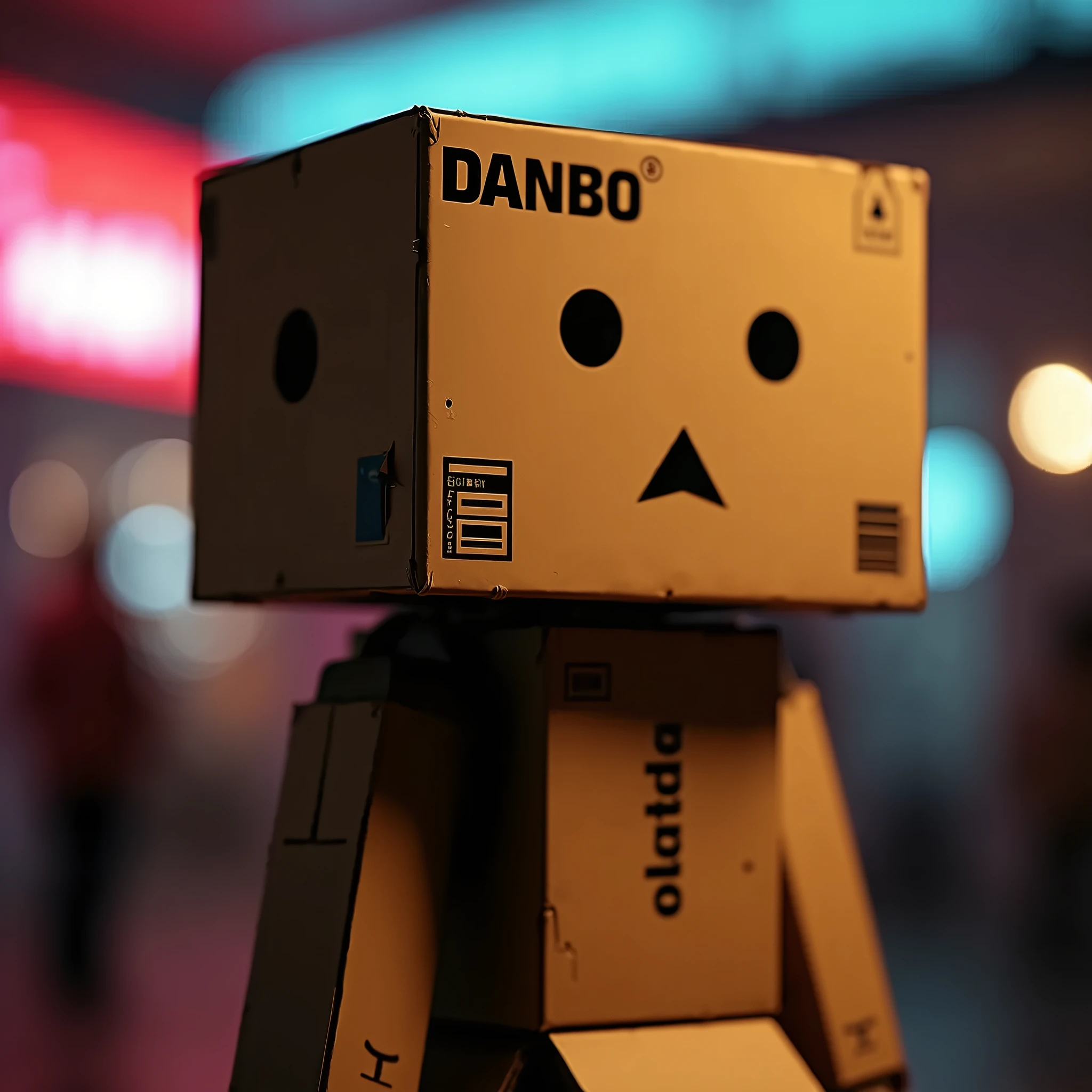 A cardboard robot cosplaying as "Danbo" from the manga Yotsubato, detailed robot face with black round eyes and black triangular mouth, person wearing cardboard boxes covering most of their body, photorealistic, highly detailed, dramatic lighting, vibrant colors