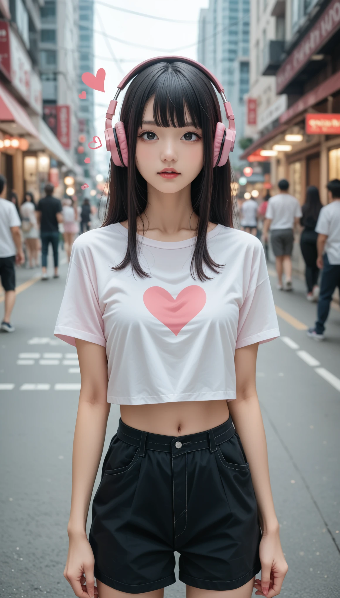 Sexy slim gothic girl, black髪, blackからピンクのグラデーションヘア、Pink gradation at the tip of the hair、Listening to music with Sony headphones、Pink headphones、blackＴshirt、White heart illustrationＴshirt、Abstract DesignＴshirt、break、Take a walk around the city、walk coolly、put one&#39;s hands in one&#39;s trouser pockets、