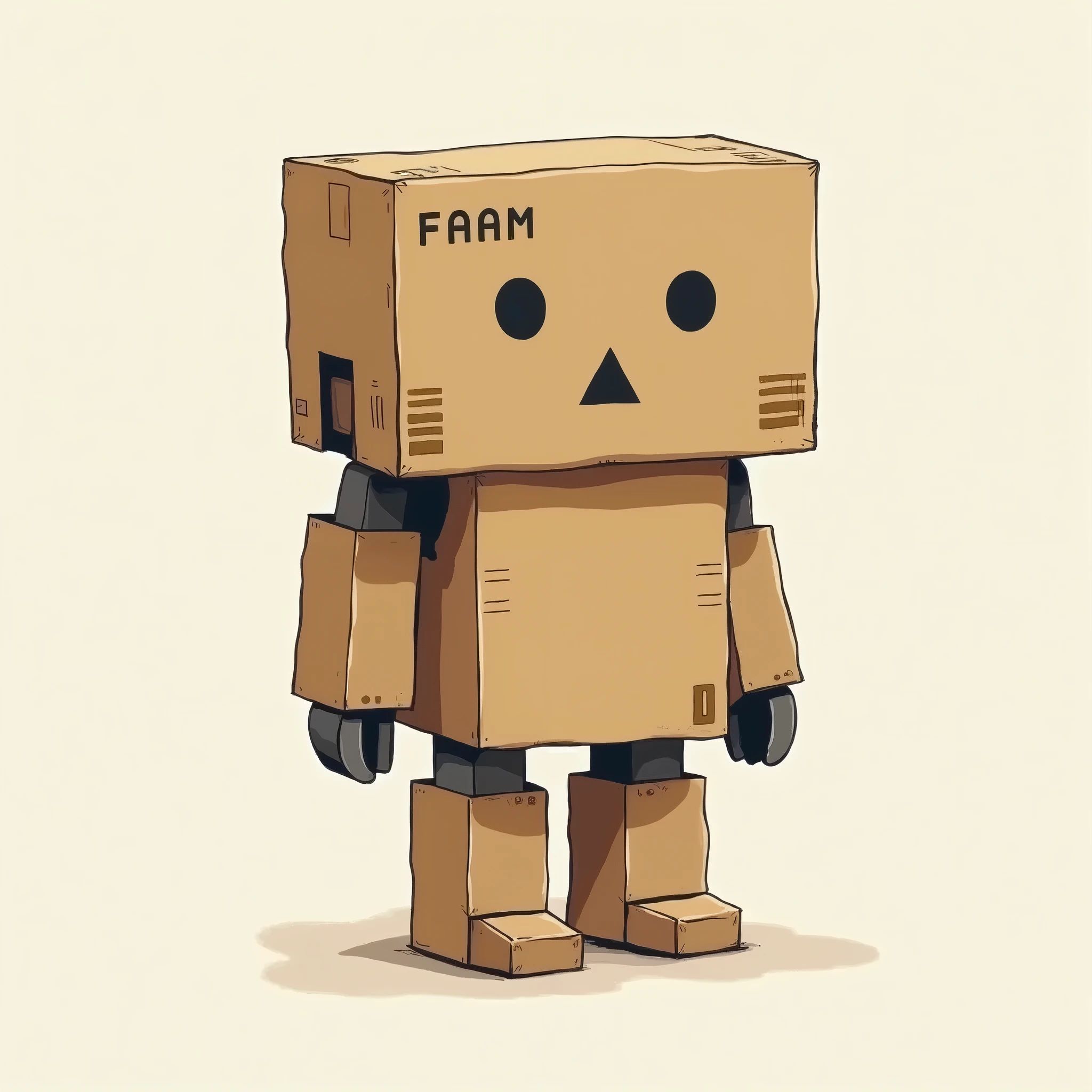 A costumed robot made from a brown cardboard box, Characters from the manga Yotsuba&amp;!"Dumbo"A person who cosplays as, Robot facial expressions, Black circle eyes, Black triangle mouth, Draw a person with cardboard boxes covering almost all parts of their body.。