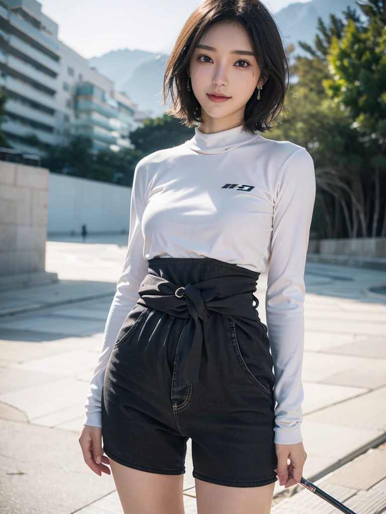 Female1, frontage, Long hair, tight skirt, Huge clouds, I can see a little panties, Big, Pabu gloss, 8K, Hand detail, Details, Detailed Eyes, perfect body figure, Voluminous body, Sexy Snowboard Uniform, Dolphin pants, smaller face, Detailed face, perfect faces, very big bust, Small Hands,