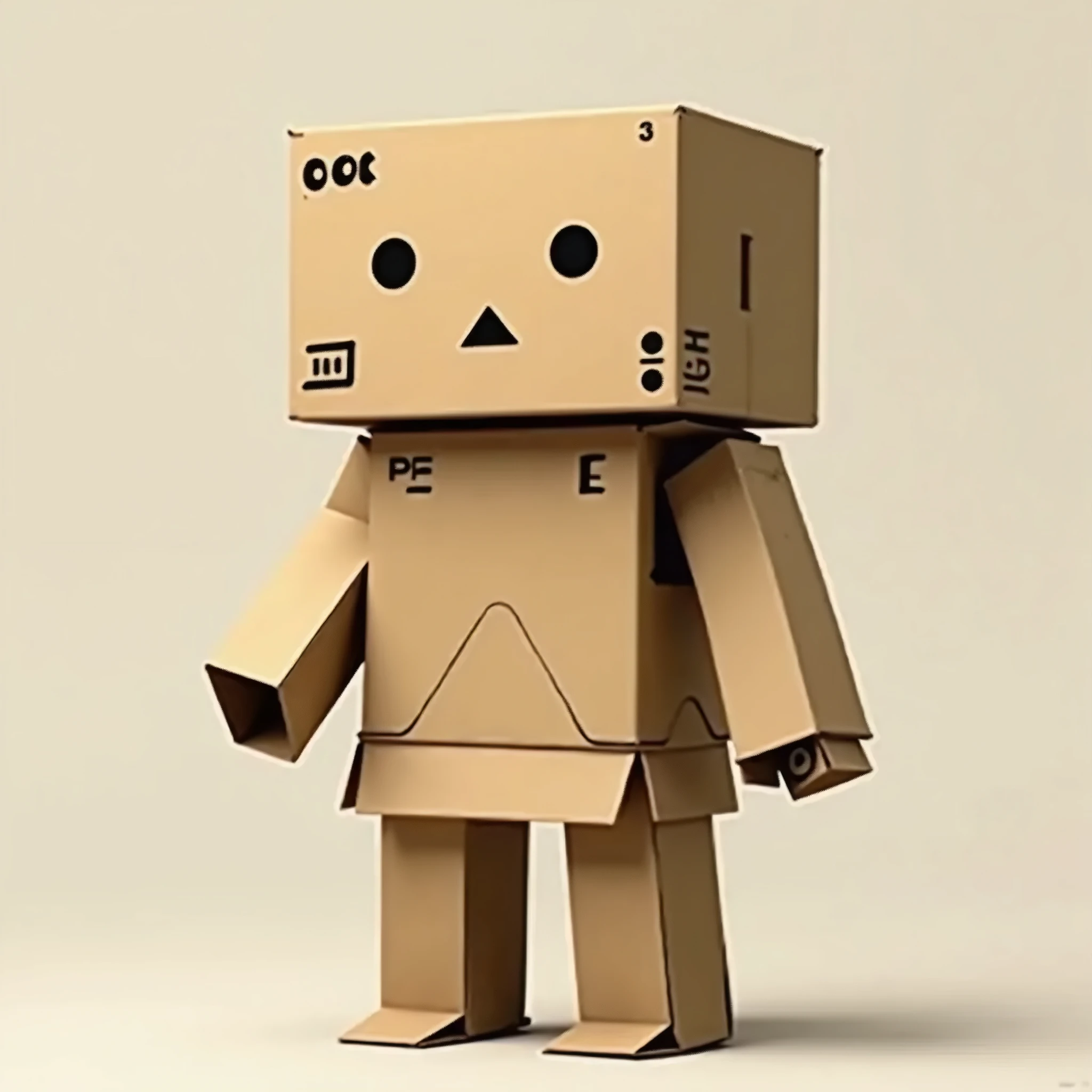 A costumed robot made from a brown cardboard box, Characters from the manga Yotsuba&amp;!"Dumbo"A person who cosplays as, Robot facial expressions, Black circle eyes, Black triangle mouth, Draw a person with cardboard boxes covering almost all parts of their body.。