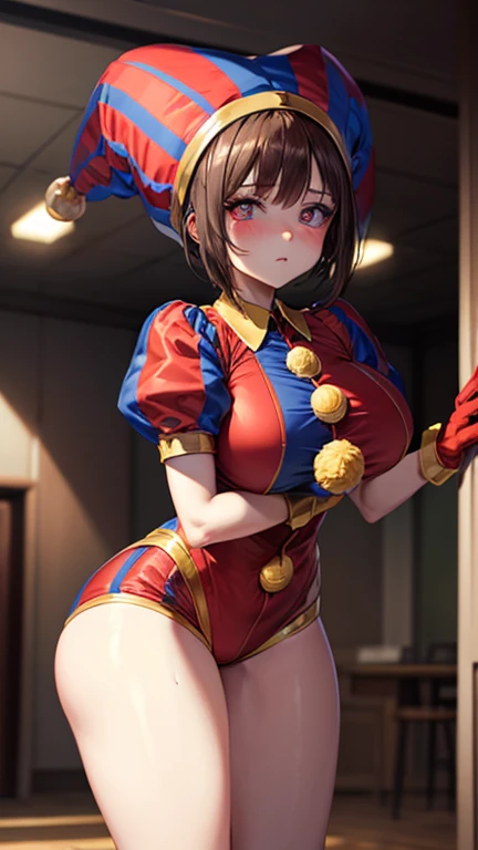 High quality masterpiece, (Unreal Engine), reality:1.8, Ultra-high resolution, Rich contrast, super high quality, 8k, High definition texture, Incredible absolute resolution, Advanced Settings, colorful, Clear images, Sharp focus, Digital Blending, (Hasselblad Photos, Dynamic Angle),

1 girl, pomni, The Amazing Digital Circus, Big Breasts, Jester Cap, gloves, Puff short sleeves, Red eyes and blue eyes, Striped, My clothes are sticky with sweat, Dynamic pose, 

indoor, in The Amazing Digital Circus, 