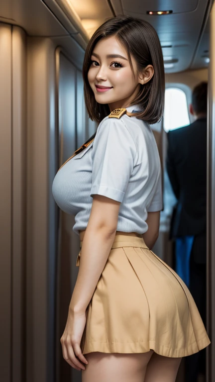 1 female, ((Alone)), 2, Ultra detailed face, Detailed lips, Detailed eyes, double eyelid, (Brown bob hair), (Japanese stewardess uniform:1.2), (glamorous body), (Huge breasts), A light smile, Thighs, (standing), Accurately, Perfect image realism, background: (In a luxury plane:1.3), Cowboy Shot, 詳細なbackground, Detailed Costume, perfect lighting, Hyperrealism, (Realistic:1.4), Maximum resolution 8K, (masterpiece), Very detailed, ((Micro Mini Skirt)),((Her butt is showing a little bit)),((Showing cleavage))、The cutest idol in Japan、Complex erotic wear、Erotic Magic