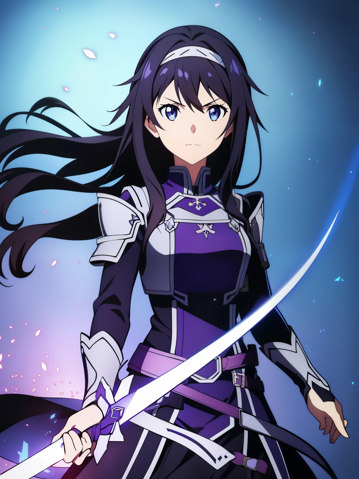 (high-quality, breathtaking),(expressive eyes, perfect face) 1girl, female, solo, portrait, Sword Art Online Art Style, sao anime style, Symmetrical Eyes, cowboy shot, medium full shot, black and purple dress, simple background, gentle smile, medium hair, wavy curly hair, fantasy outfit, SAO inspired, Archeron, hairband, hair ornament, armor, chest plate, sword art online outfit,
