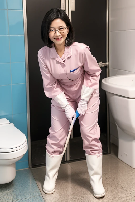 A mature toilet cleaner with black hair and glasses wearing a blue long sleeve jumpsuit and white rubber boots stroking a penis with her hand in a pink rubber glove　