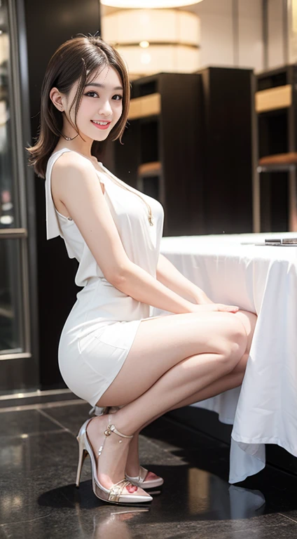 (4K,8k,Masterpiece，Realistic），Super Resolution:1.2、（Japanese:1.3）、（Realistic:1.2）、Japaneseアイドルの女の子、Beautiful face in every detail、21 years old、Beautiful eyes、cute、Perfect hands、Natural Makeup、（Big Breasts、Cleavage）、Cabin attendant、On the sofa in the airport lounge、No sleeve、Tight mini skirt、Wear an unusual uniform、Friendly atmosphere、Exposure that shows the collarbone、Beautiful legs、Wearing high heels、Sit with your legs together、Spread your legs、Panty shot、Mole on the collarbone