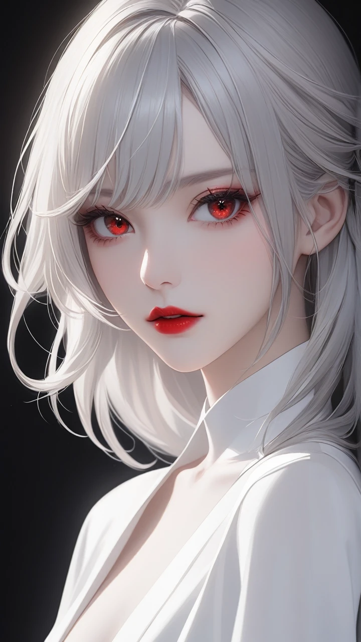 Red eyes, Soft shirt 8K, Best quality, Masterpiece:1.2),(Best quality:1.0),超高分辨率:1.0, Extremely detailed, Renders, 4K, absurderes, hdr, view the viewer, Lips, parted lip,No clothing, Huge breasts, Medium full shot, seele, the original god, White color hair, bangs, Straight hair, Long hair, Place your index finger in your mouth，Outlet water, No underwear，scantily clad，spread their legs，Refine the background，Exposing the，onbed，Shy，red color eyes