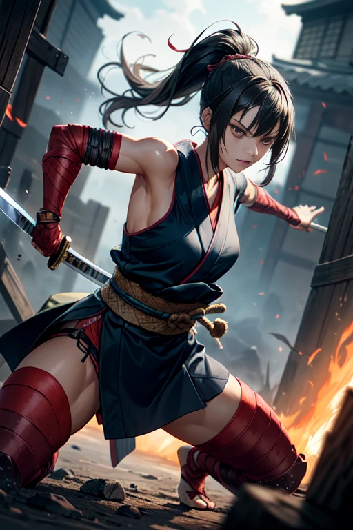 One Girl, warrior,Japanese sword,anime,Anatomically correct, A series of character actions, Ninja,ponytail, masterpiece, Textured Skin, Action Painting, Surrounded by enemies,battle,Flaming Sword