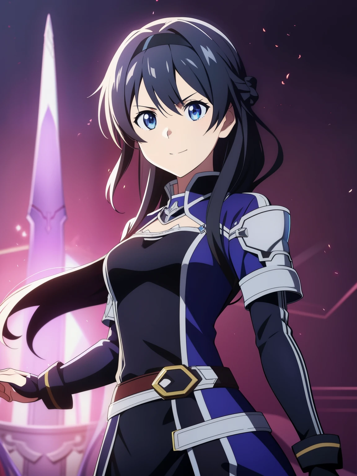 (high-quality, breathtaking),(expressive eyes, perfect face) 1girl, female, solo, portrait, Sword Art Online Alicization Art Style, sao anime style, Symmetrical Eyes, cowboy shot, medium full shot, black and purple dress, simple background, gentle smile, medium hair, wavy curly hair, fantasy outfit, SAO inspired, Archeron, hairband, hair ornament, armor, chest plate, sword art online outfit,
