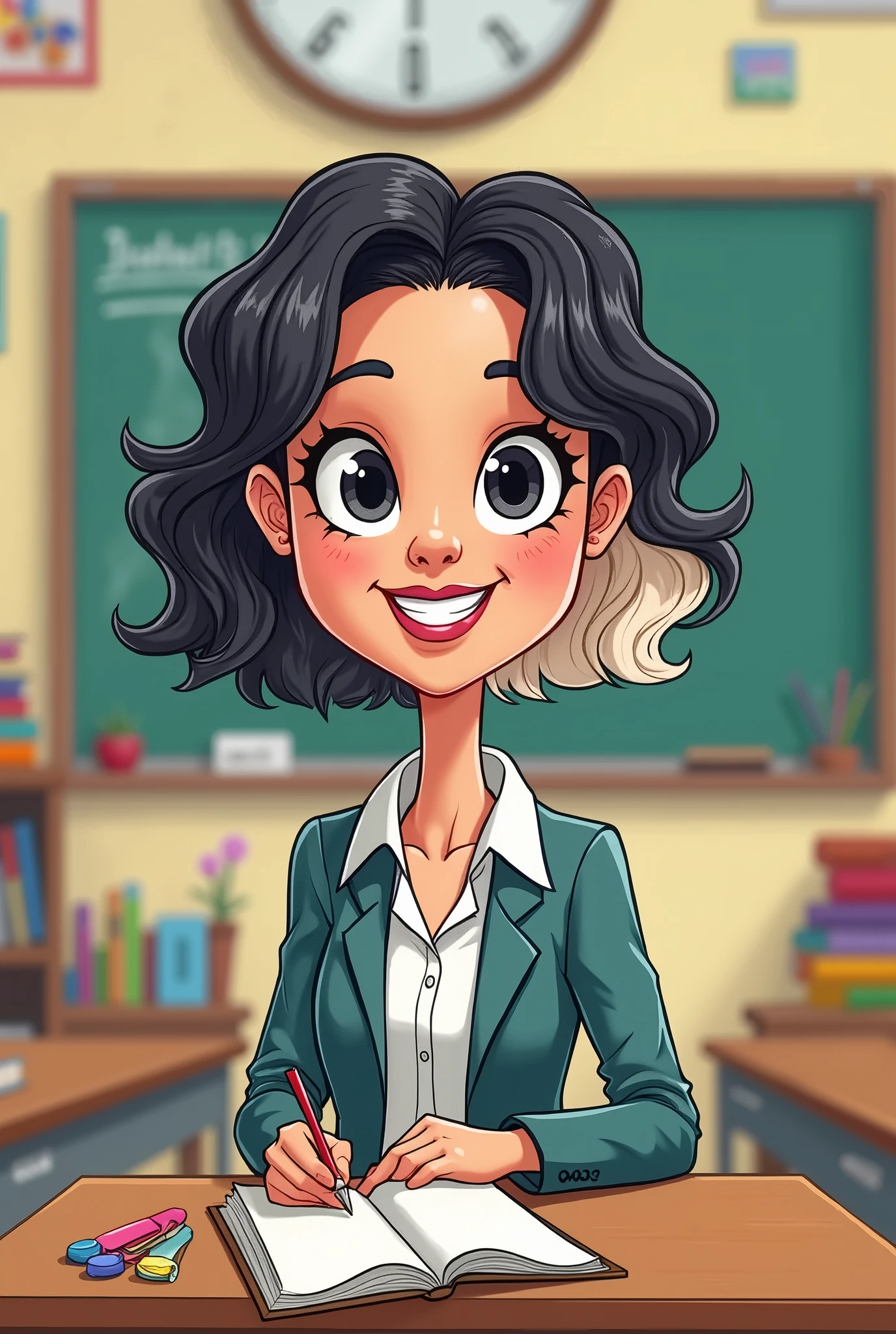 Cartoon girl sitting at a desk writing in a book - SeaArt AI