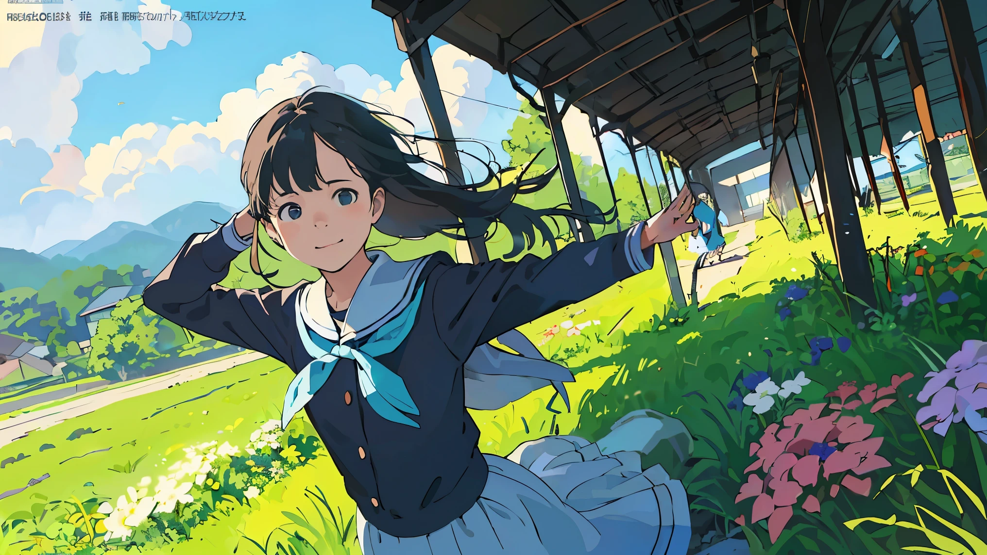Streamlined Design, Clear lines, High Sharpness, (Best Quality,4K,Perfect Sharpness,Ultra-fine,High resolution,masterpiece:1.2), Perfect Anatomy:1.5, Official Art, Illustrations that tell a story, (Off-white background:0. 9)、Body Positivity、多Mr...physical performance、(Random thinking pose)、Perfect beauty、Perfect beautiful face、Strong winds、Rich expressiveness、moving composition、smile、Golden ratio composition、colorful、((Mr...々Different angles and perspectives))、Anime Art、(Mini Dress)、(Overcoming stereotypes)、 Glowing Skin、(Natural Beauty)、smile、bangs、(Soft and flowing hair)、(Rural School)、(Nostalgic atmosphere)、Raise it to your feet、(Playful and easygoing)、(多Mr...Ethnic characters)、(Innocent attitude)、(Sunny atmosphere)、(The skirt flutters violently in the wind)、(Bright colors)、Beautiful Eyes、(Embarrassing)、Braided Hair、Summer landscape、Smiling among the flowers、((Schoolgirl in uniform))