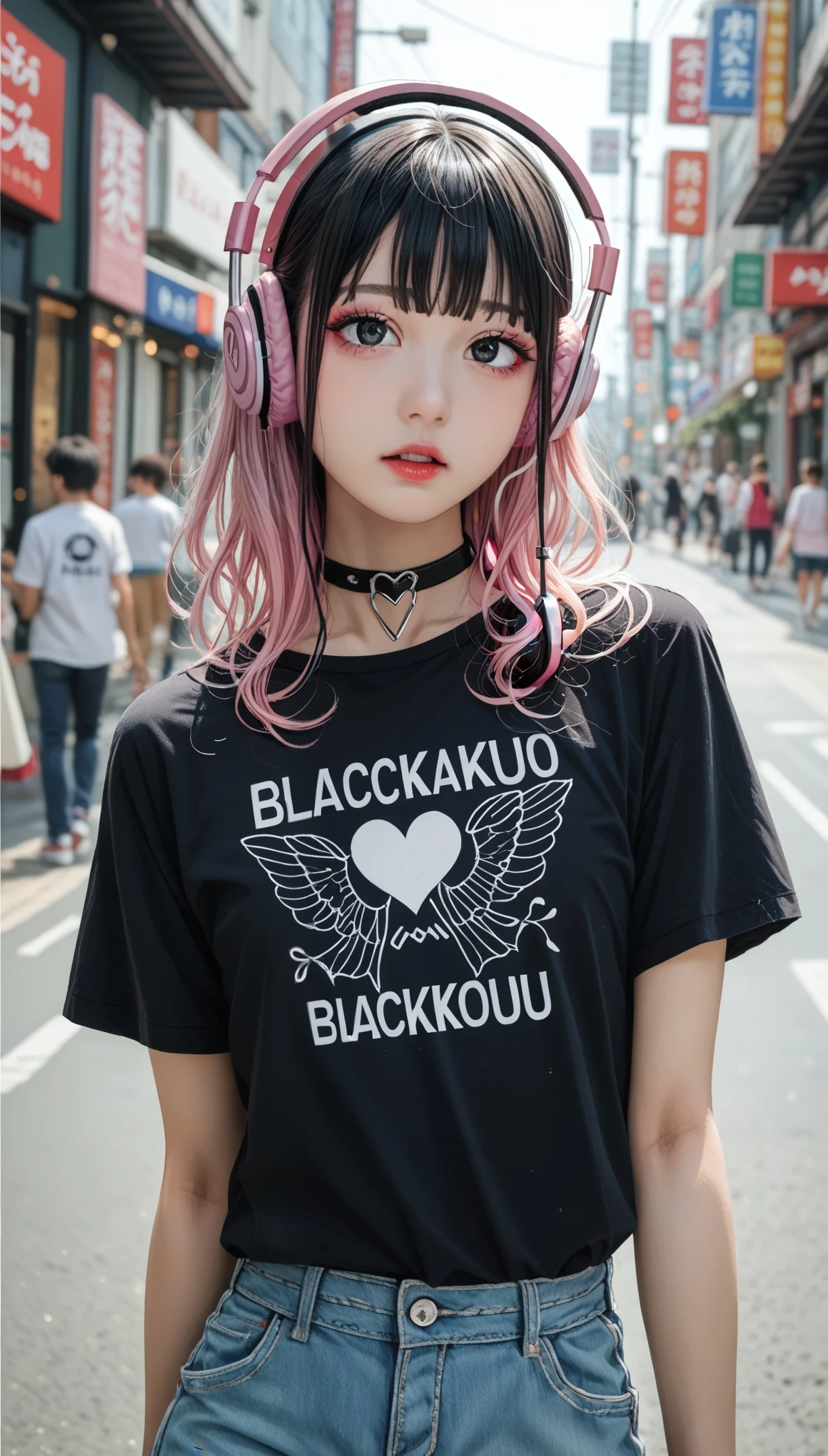 Sexy slim gothic girl,((( black髪, blackからピンクのグラデーションヘア、Pink gradation at the tip of the hair)))、Listening to music with Sony headphones、Pink headphones、blackＴshirt、White heart illustrationＴshirt、Abstract DesignＴshirt、break、Take a walk around the city、walk coolly、put one&#39;s hands in one&#39;s trouser pockets、