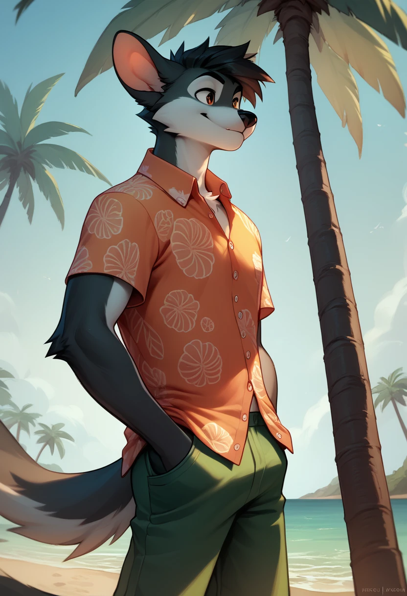 Artistic portrait work, appearance: Alone, furry, lobo, with Pompadour hairstyle, attire: a short, and Hawaiian shirt, background behind: playa, ocean, palm trees, pose: standing, hands in pocket, leaning on the edge of the wall, angle shot: mid body.