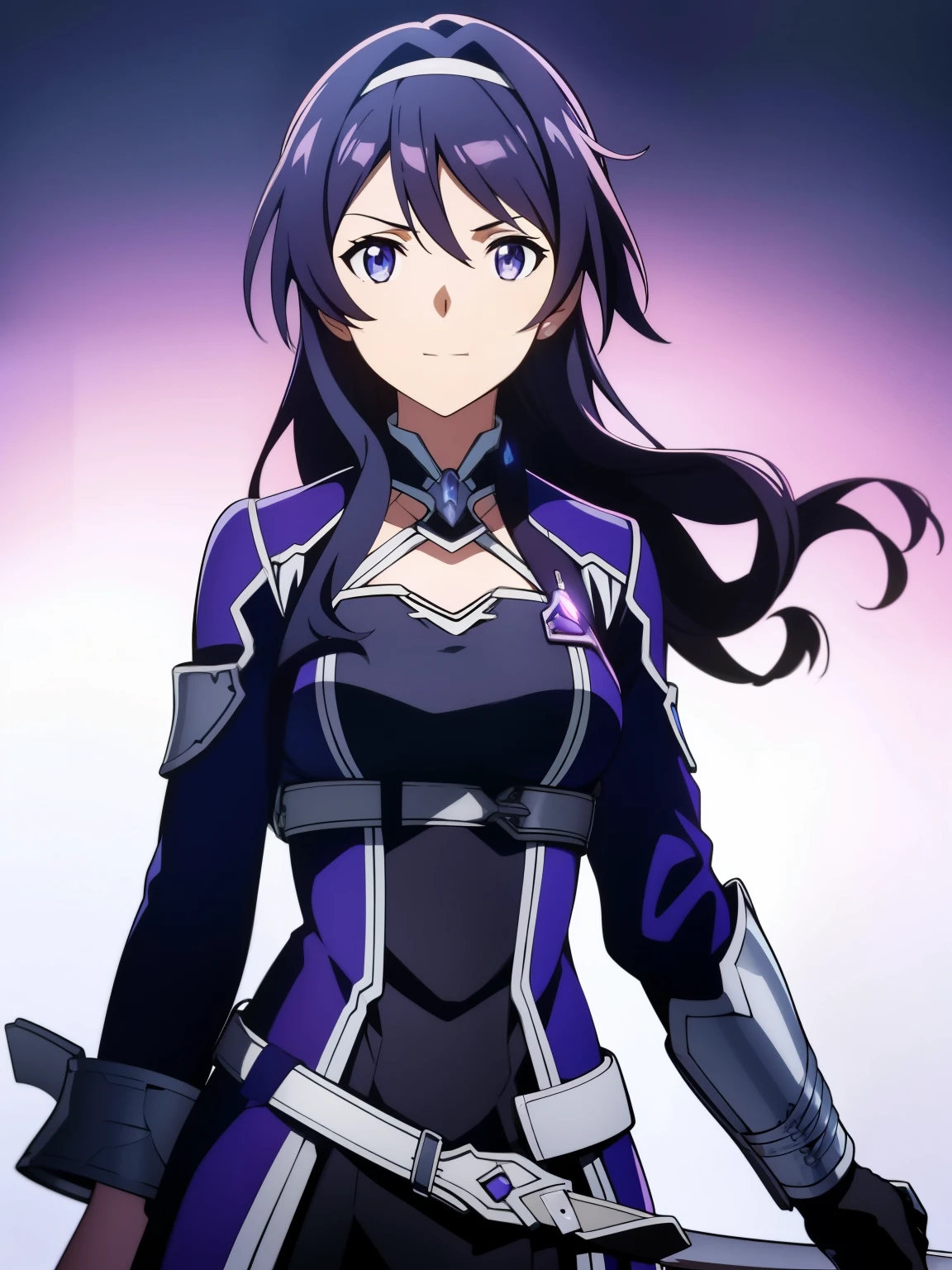 (high-quality, breathtaking),(expressive eyes, perfect face) 1girl, female, solo, portrait, Sword Art Online Alicization Art Style, sao anime style, Symmetrical Eyes, cowboy shot, medium full shot, black and purple dress, simple background, gentle smile, medium hair, wavy curly hair, fantasy outfit, SAO inspired, Archeron, hairband, hair ornament, armor, chest plate, sword art online outfit,
