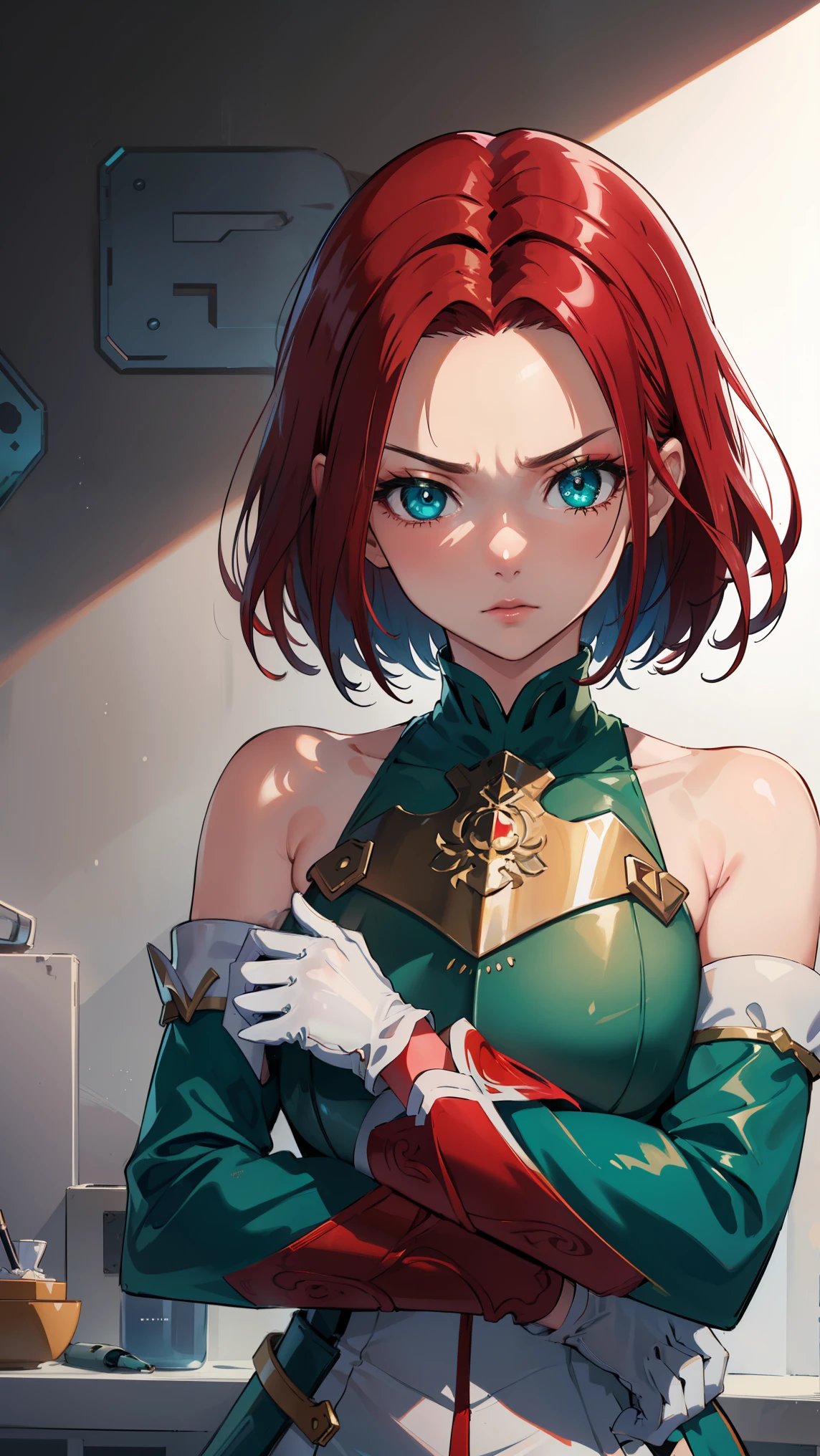 kallen stadtfeld, blue eyes, ((red hair:1.5)), short hair,
BREAK ((bare shoulders, armor, breastplate, detached sleeves, gloves, white gloves, dress, green dress:1.5))
BREAK crossed arms,angry, pov,
BREAK (masterpiece:1.2), best quality, high resolution, unity 8k wallpaper, (illustration:0.8), (beautiful detailed eyes:1.6), extremely detailed face, perfect lighting, extremely detailed CG, (perfect hands, perfect anatomy),