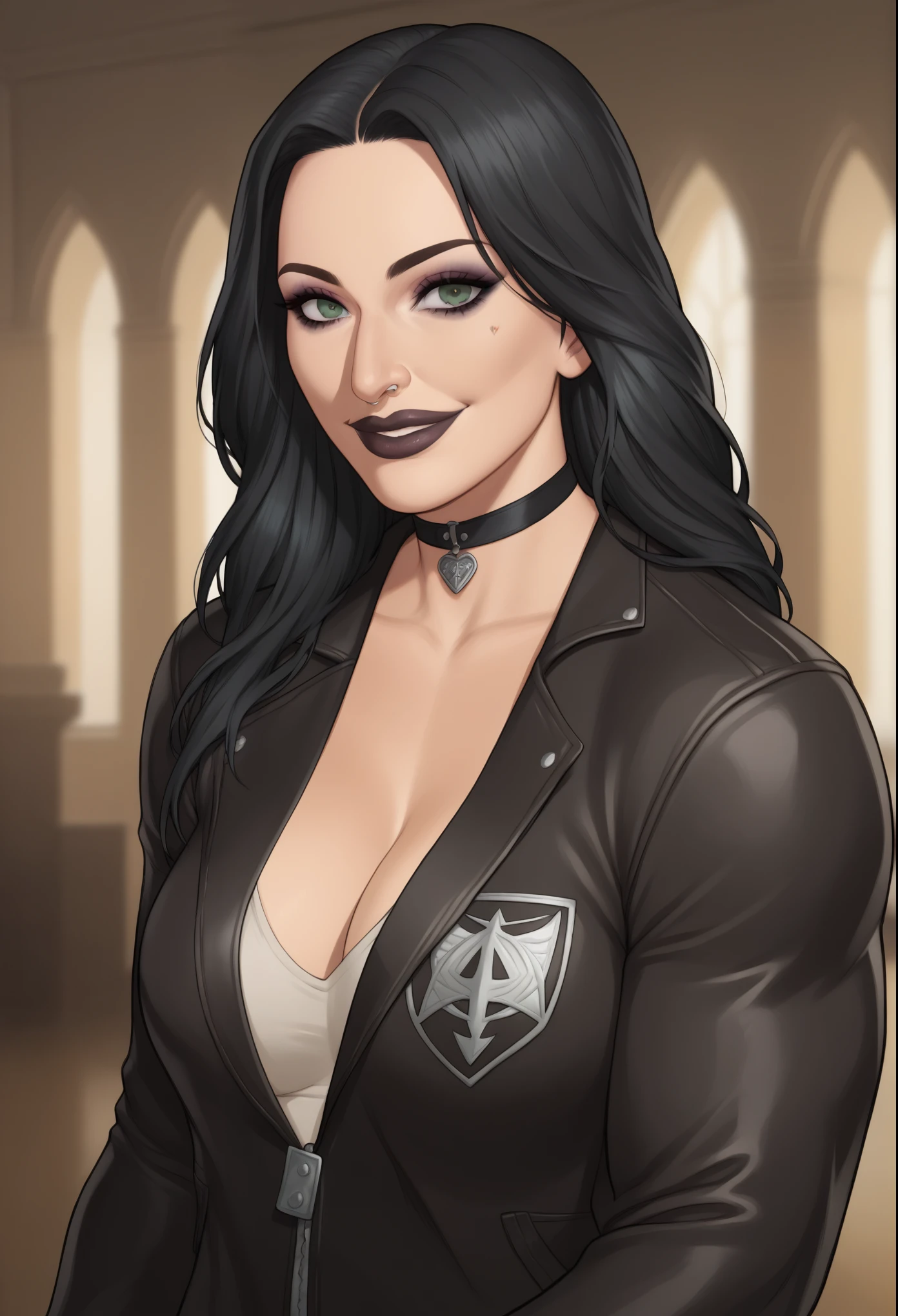 (((beautiful, high quality, comics style, detailed face))), score_9, score_8_up, score_7_up, BREAK, cowboy shot, solo, WWE's Rhea Ripley, 1 goth girl, Nose bridge, thick lips, goth girl aesthetic, beefy, muscle, oversized leather jacket, sexy face with full makeup, crazy smile, wearing black choker, black hair and large eyes, looking at viewer, standing, fantasy background, blurred background, Expressiveh, detailxl, detailed eyes