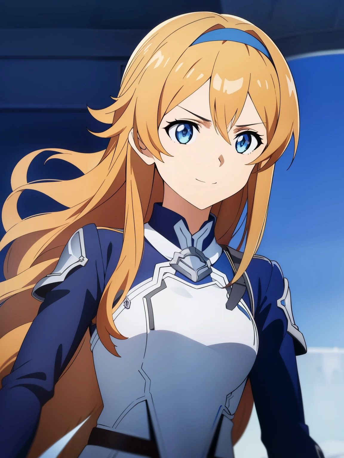 (high-quality, breathtaking),(expressive eyes, perfect face) 1girl, female, solo, portrait, Sword Art Online Alicization Art Style, Alicization,sao anime style, Symmetrical Eyes, cowboy shot, medium full shot, simple background, gentle smile, medium hair, wavy curly hair, fantasy outfit, SAO inspired, Archeron, hairband, hair ornament, armor, chest plate, sword art online outfit,
