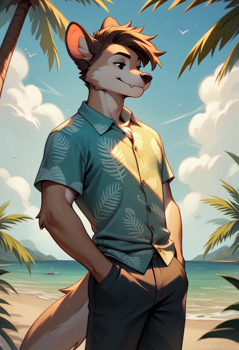 Artistic portrait work, appearance: Alone, furry, lobo, with Pompadour hairstyle, attire: a short, and Hawaiian shirt, background behind: playa, ocean, palm trees, pose: standing, hands in pocket, leaning on the edge of the wall, angle shot: mid body.