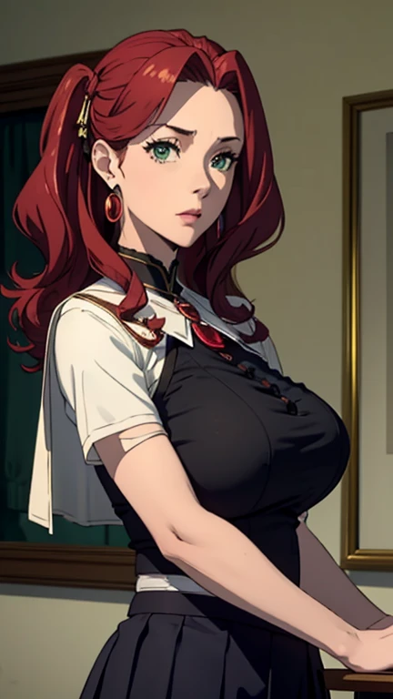 (masterpiece, Better quality: 1.4), backwards, looking at sword, mocking face, malty melromarc, Red hair, wide, green eyes, tight underwear, big breasts, HAIR ADORNMENT, red gem earrings, jewelry, school uniform, short uniform skirt, in front of the institute, all-girls school, super tight neckline, big breasts, large breasts, giant breasts, giant breastscos, breasts bigger than her head,  bigger than his head.