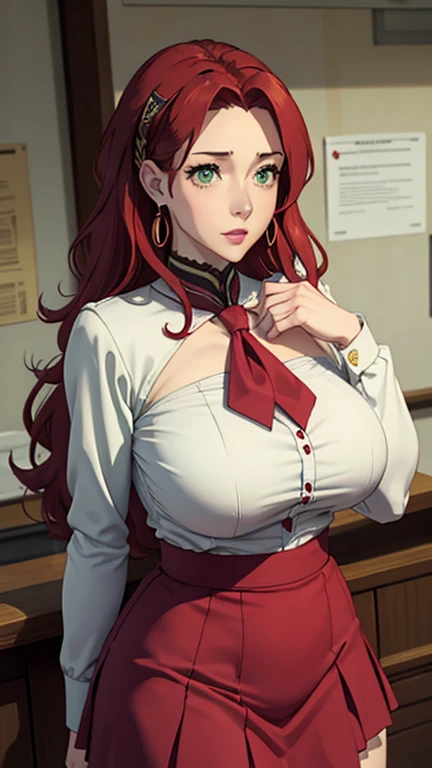 (masterpiece, Better quality: 1.4), backwards, looking at sword, mocking face, malty melromarc, Red hair, wide, green eyes, tight underwear, big breasts, HAIR ADORNMENT, red gem earrings, jewelry, school uniform, short uniform skirt, in front of the institute, all-girls school, super tight neckline, big breasts, large breasts, giant breasts, giant breastscos, breasts bigger than her head,  bigger than his head.