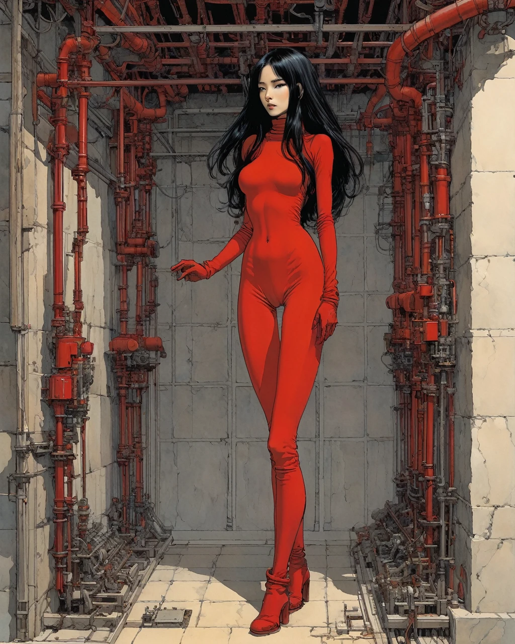 Woman alone, European woman, (((wide hips: 1.5))), 8k, absurd res, ((wide eyes: 1.4)), flawless face, woman with a soft body, (crisp black deco style formal business clothing), 1woman, solo, average body, natural body, full body image, 8k, masterpiece, highly detailed, (detailed golden eyes), expressive detailed eyes, pale skin, ((symmetrical eyes)), detailed pupils, realistic skin, some freckles, realistic skin texture, ((small breasts: 1.3)), analog style, (chin length hair), ((dark hair: 1.5)), deco cyberpunk setting, entire head and body image, ((her entire head and body must be in view)), perfect anatomy, anatomically correct, ((pale skin)), ((wearing flat boots: 1.3))