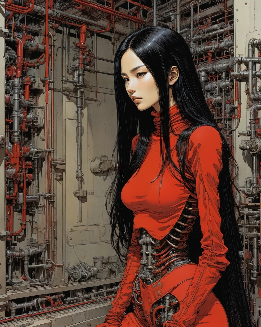 1girl, cyborg , resting  gradient  detailed hands detailed body   long black straight hair mechanical arms red turtleneck tight oriental poetic horror ghost tubes , wires 
  art by Harumi Hironaka Uemura Shoen  Zdzislaw Beksinski