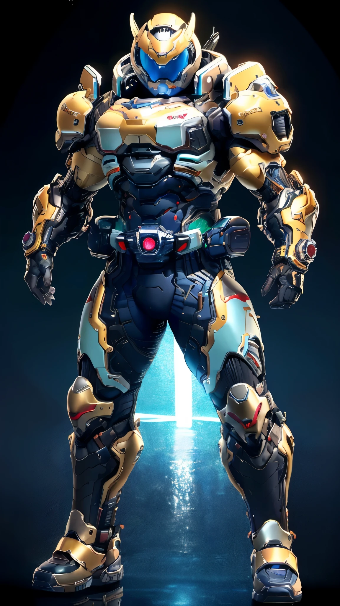 (masterpiece:1.5, best quality:1.5, extremely delicate:1.5), ((male:1.5)), a man wearing a full-face helmet, a biotech armored combat suit, green eyes, (a composite layered chest armor), fully enclosed shoulder guards, matching arm and leg guards, a belt of gemstone, (the color scheme is primarily Blue with White and Red accents), the design balances heavy with agility, a high-tech bio-mecha armor, (Armor Concept Inspired by Kamen Rider, stand of a futuristic sci-fi city), this character embodies a finely crafted Superhero in anime style, exquisite and mature manga art style, (the armor glows), metallic, high definition, highres, ultra-detailed, ultra-fine painting, professional, perfect body proportions, golden ratio, anatomically correct, symmetrical face, extremely detailed eyes and face, high quality eyes, creativity, RAW photo, UHD, 32k, Natural light, cinematic lighting, masterpiece-anatomy-perfect