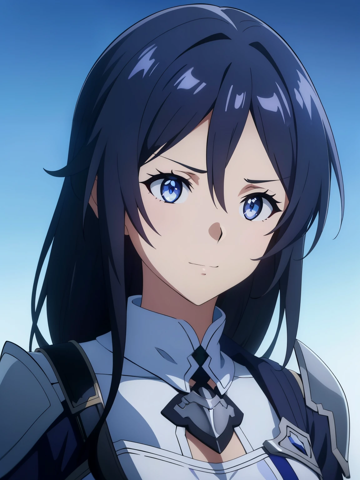 (high-quality, breathtaking),(expressive eyes, perfect face) 1girl, female, solo, portrait, Sword Art Online Alicization Art Style, Alicization,sao anime style, Symmetrical Eyes, simple background, gentle smile, medium hair, fluffy hair, fantasy outfit, SAO inspired, Archeron, armor, chest plate, sword art online outfit,
