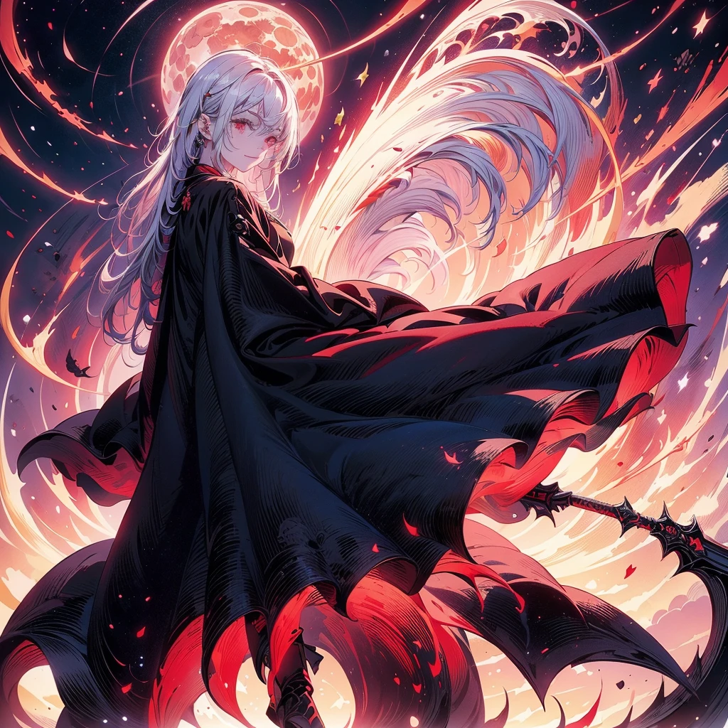 "Create an image of a white-haired man with blue eyes standing in the center of a dark forest. filled with countless red eyes on the background, glowing eyes. He is looking directly at the viewer with a wide, crazed smile. The atmosphere is eerie and unsettling, with twisted branches and a fiery glow from the underbrush. The overall mood should be one of horror and dread."