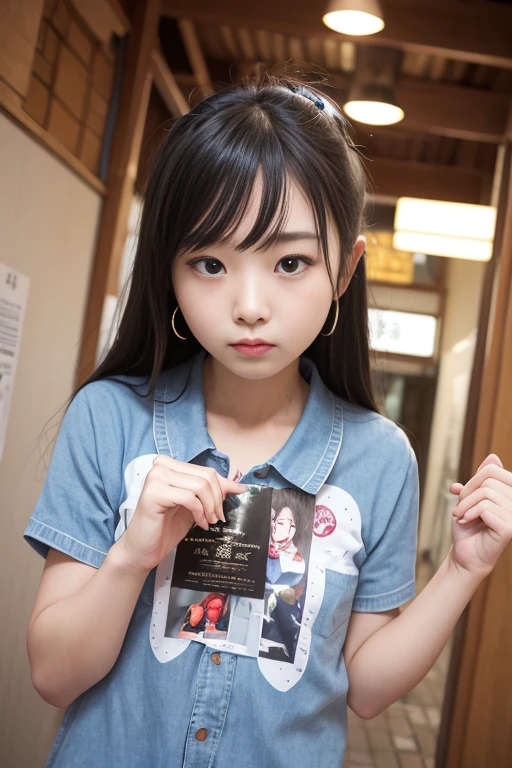Best Quality, ultra-detailliert, absolutely resolution,((8years old))、((Children's body shape))、(Round face)、Twin-tailed、Red ribbons、round cheeks、looking at the viewers、、realisitic、女の子1人、a small face、、cowboy shot、Narrow and cramped room、Camisole、、Japan's Red Light District、((Prostitutes))、(deep in the night)、(dark ilumination),From above:1.4