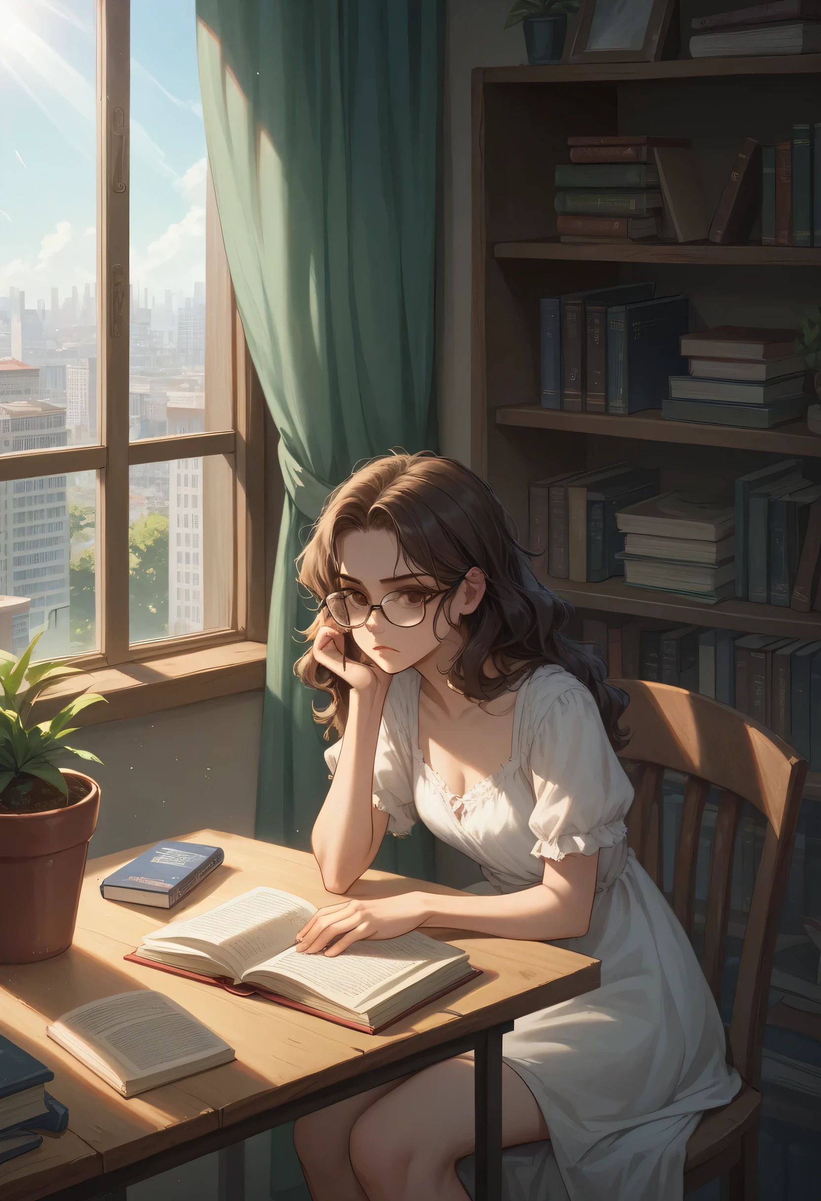 black wavy haired girl with brown eyes wearing reading glasses, wearing casual dress, messy look, sitting in room on bed, detailed face, serious look, books on shelf, sunlight coming through window, clean room, books on table, gaming pc set up, details, masterpiece, curtains open, rays coming in through window, plant pot near window, outside city buildings can be seen through window, tidy room