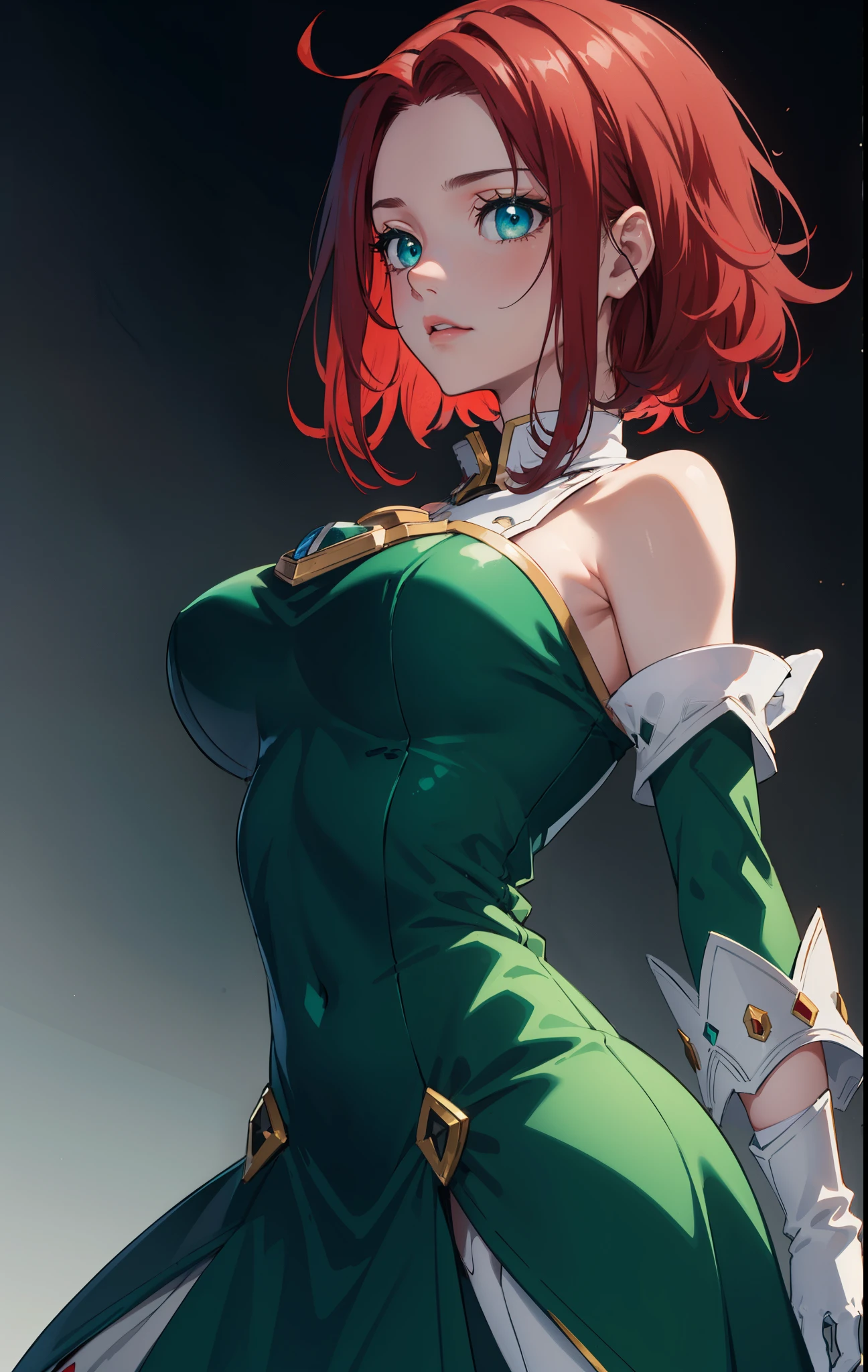 kallen stadtfeld, blue eyes, ((red hair:1.5)), short hair,
BREAK ((bare shoulders, armor, breastplate, detached sleeves, gloves, white gloves, dress, green dress:1.5)) BREAK ((ARMS BEHIND BACK:1.5)),
BREAK (masterpiece:1.2), best quality, high resolution, unity 8k wallpaper, (illustration:0.8), (beautiful detailed eyes:1.6), extremely detailed face, perfect lighting, extremely detailed CG, (perfect hands, perfect anatomy),